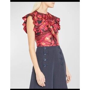 ULLA JOHNSON Vida Diamond Shibori Abstract Print Silk Ruffled Top Sz 6 Blouse